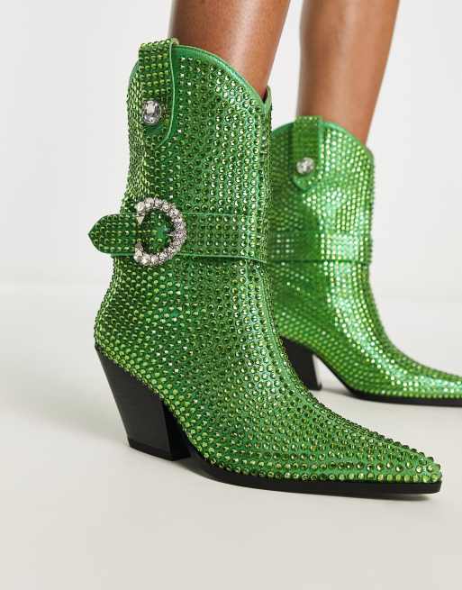 Azalea Wang Federica Rhinestone Western Boot in Green