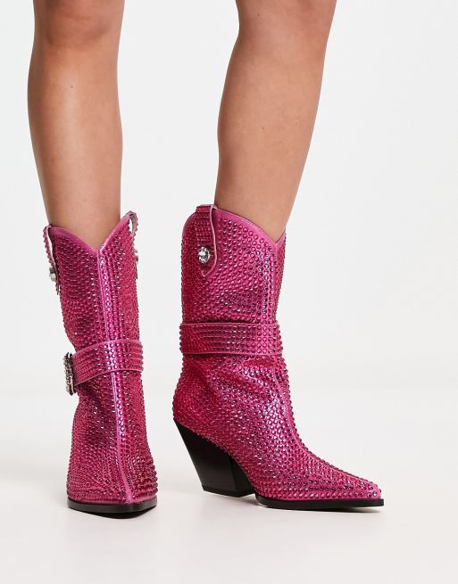 Azalea Wang Federica rhinestone western boots in pink