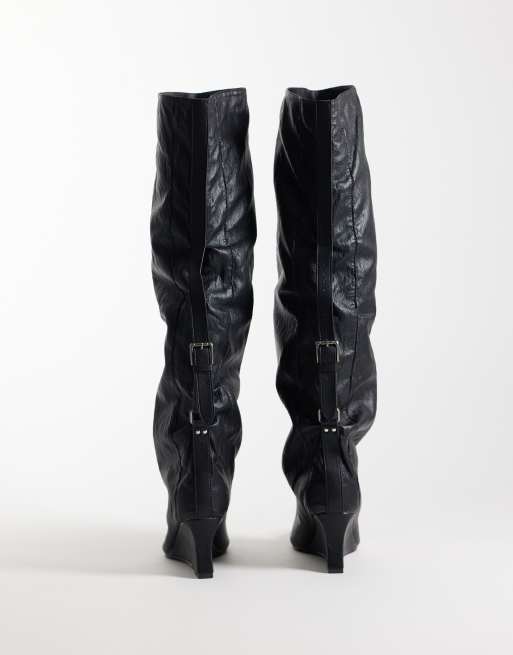 Azalea Wang Fevor ultimate slouch knee boots with wedge heel in  textured black faux leather, 4 of 4