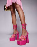 [AZALEA WANG] Azalea Wang Fiamma embellished platform heeled sandals in pink raffia 36 PINK