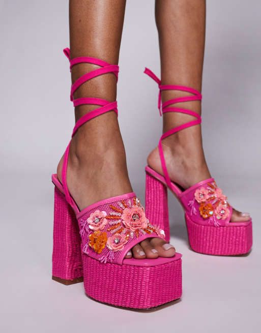 Azalea Wang Fiamma embellished platform heeled sandals in pink raffia