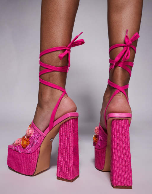Azalea Wang Fiamma embellished platform heeled sandals in pink raffia