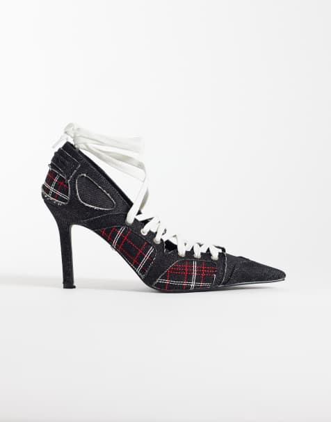 Azalea Wang Firestring scarpe décolleté sportive con tacco e lacci in denim e a quadri - view 1