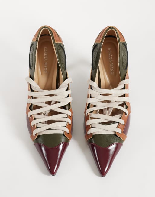Azalea Wang Firestring sporty court heeled shoes with laces in olive multi, 2 of 4