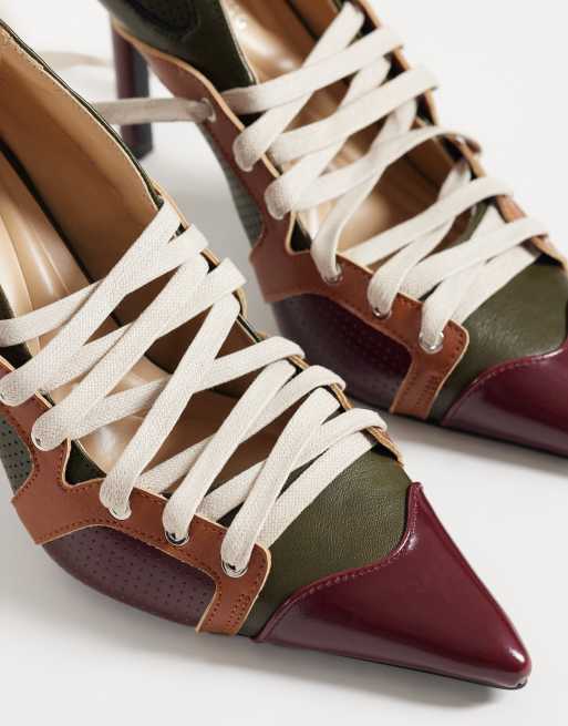Azalea Wang Firestring sporty court heeled shoes with laces in olive multi, 3 of 4