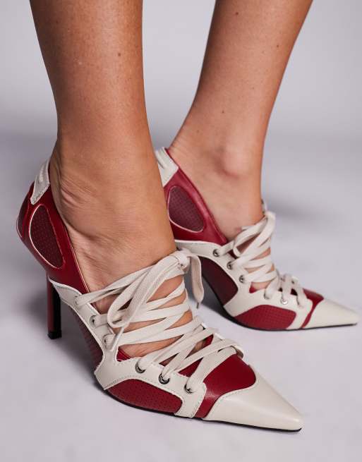 Azalea Wang Firestring sporty court heeled shoes with laces in red and ...