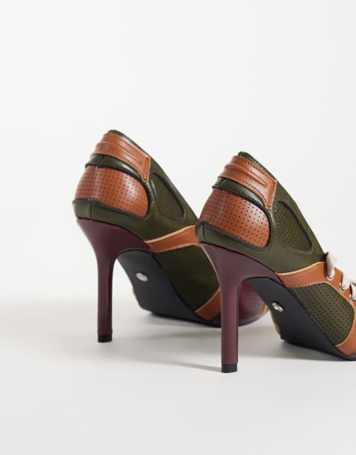 Azalea Wang Firestring sporty heeled pumps with laces in olive multi, 4 of 4