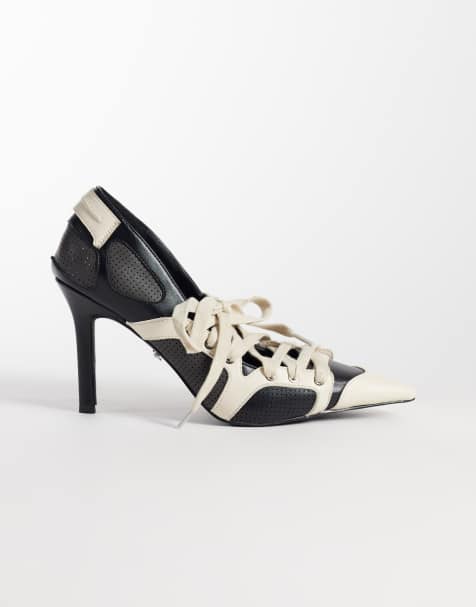 Azalea Wang Firestring sporty pointed heels with laces in black and cream - view 1