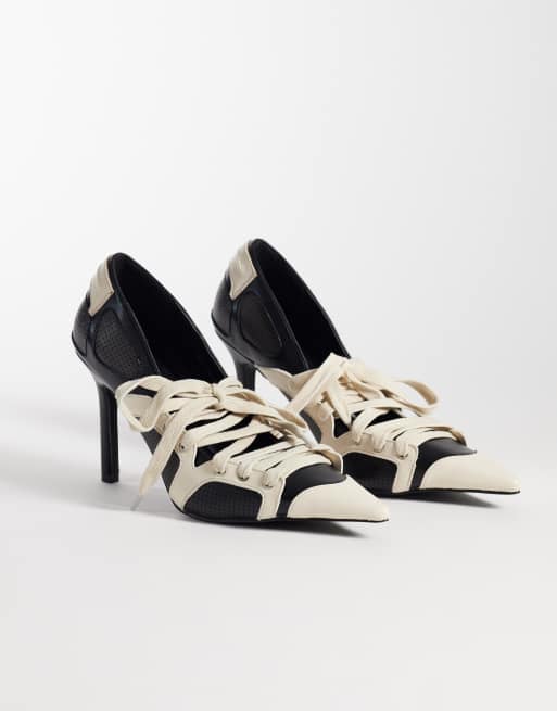 Azalea Wang Firestring sporty pointed heels with laces in black and cream, 2 of 4