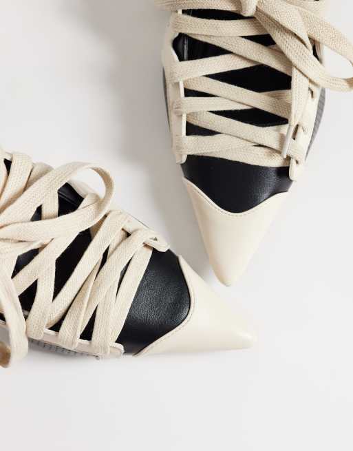Azalea Wang Firestring sporty pointed heels with laces in black and cream, 3 of 4