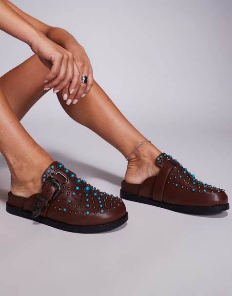 Azalea Wang Flair studded clogs with buckle detail in brown - view 1