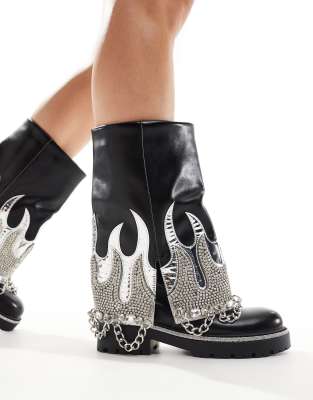 Azalea Wang Florentine silver flame embellished chunky foldeover boots in black