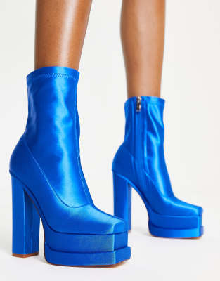 Azalea Wang Format Platform Heel Ankle Boots In Blue Satin