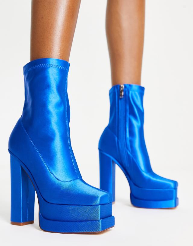 Azalea Wang Format platform heel ankle boots in blue satin