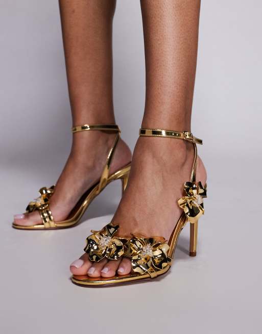 Azalea Wang - Freja - Sandalen met hak en bloemen in goud, 4 van 4