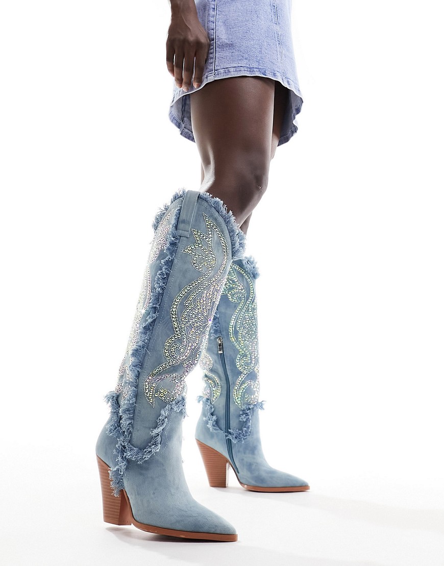Azalea Wang Furtado Embellished Western Boots In Light Denim-blue