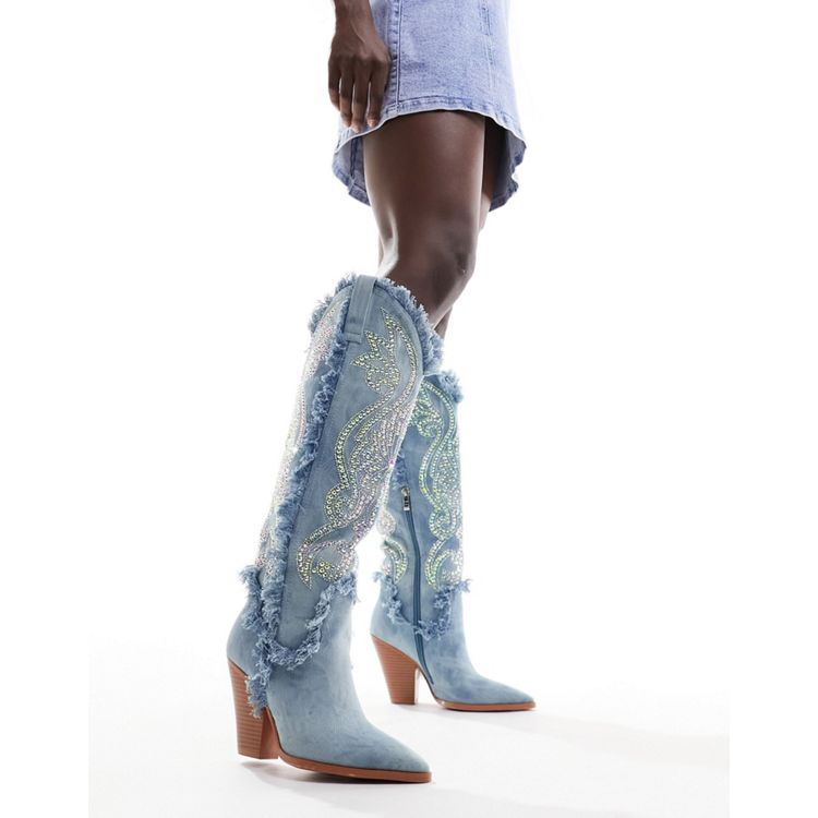 Azalea Wang Furtado embellished western boots in light denim