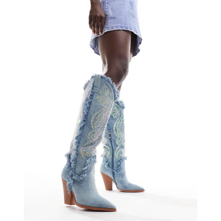 Azalea Wang Furtado embellished western boots in light denim | ASOS