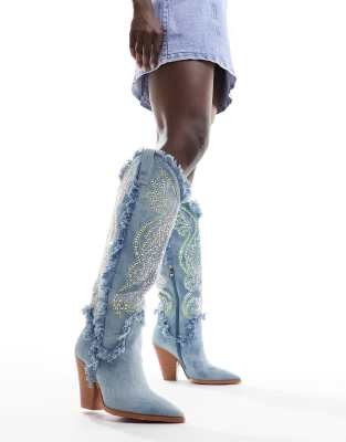 Azalea Wang - Furtado - Verzierter Westernstiefel aus hellem Denim-Blau