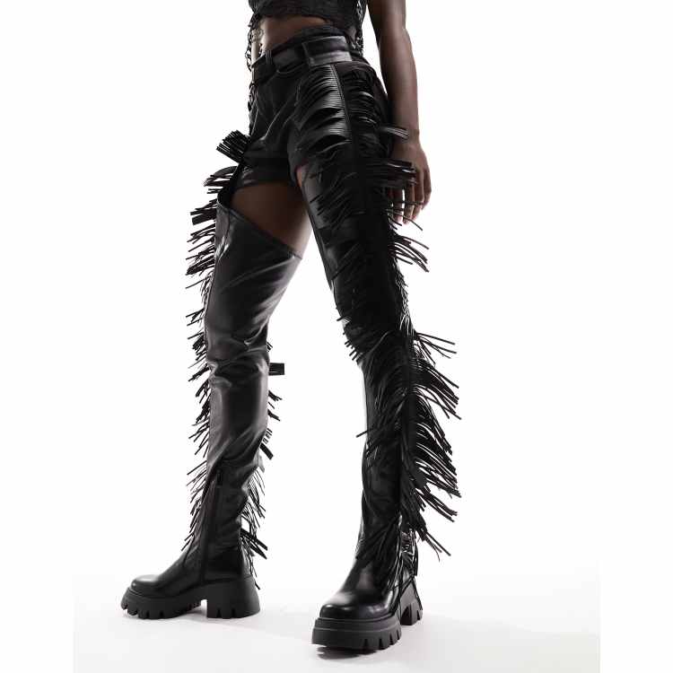 Azalea Wang Gecky fringed belted over the knee festival boots in