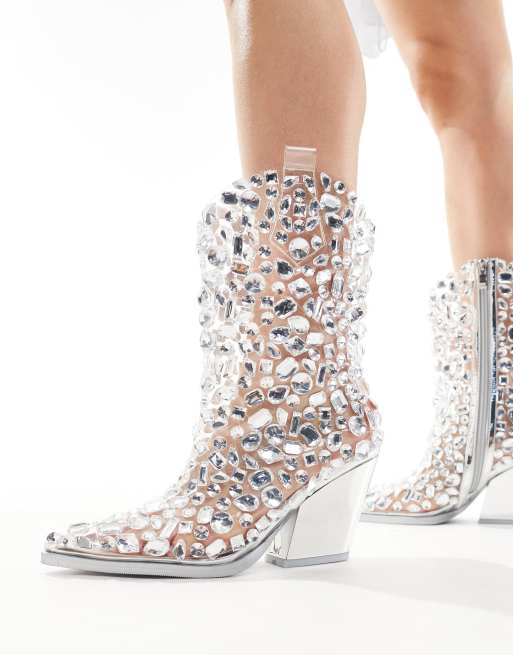 Azalea Wang - Gemmy - Western-enkellaarzen met versiering in zilver