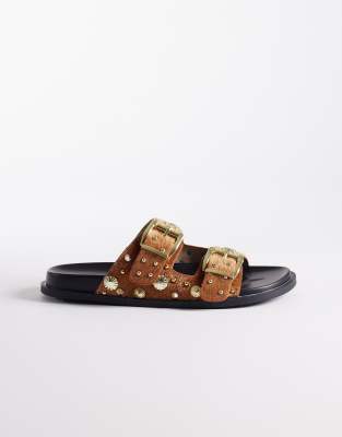Gerbald studded flat sandals in tan-Brown