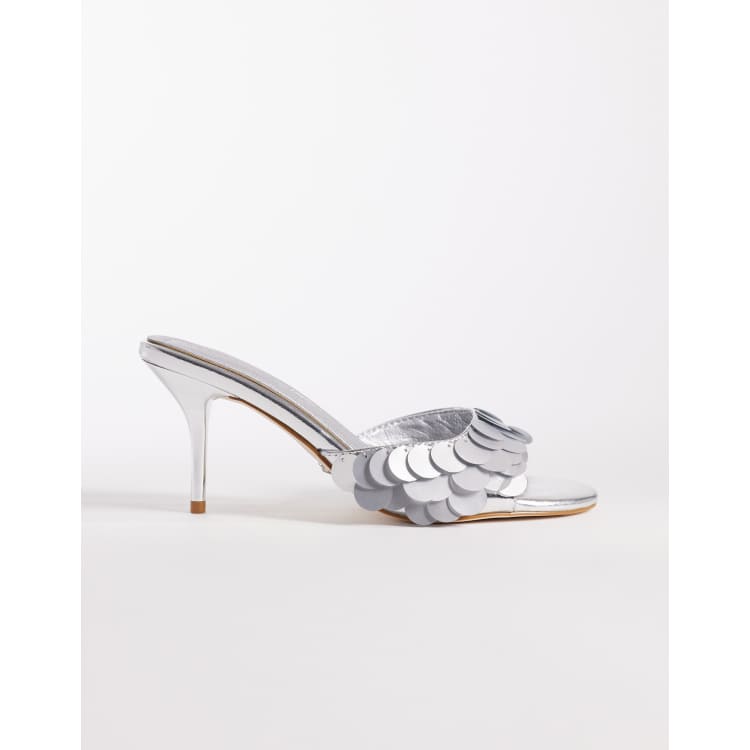 Azalea Wang Giah heeled mule sandals in silver sequins | ASOS