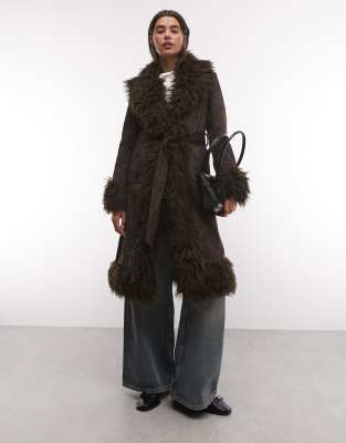 Azalea Wang Gilda Coat With Faux Fur Trim In Brown