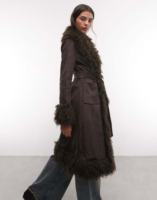 Azalea Wang Gilda coat with faux fur trim in chocolate brown, 3 of 4