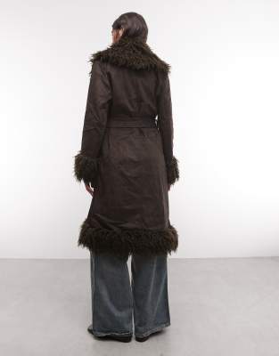 Azalea Wang Gilda coat with faux fur trim in chocolate brown | ASOS