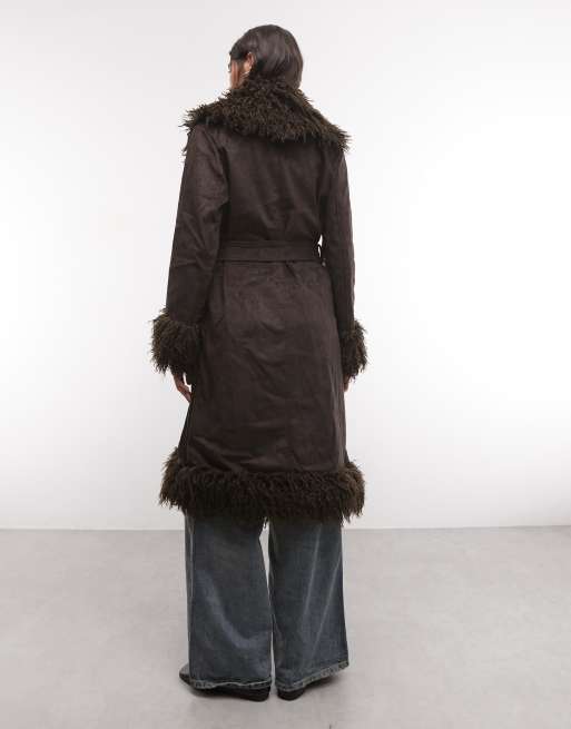 Azalea Wang Gilda coat with faux fur trim in chocolate brown, 4 of 4