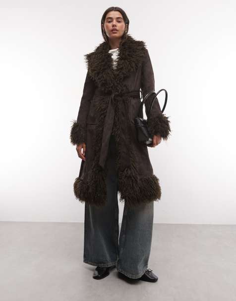 Azalea Wang Gilda manteau avec bordure en faux-fur chocolat - view 1