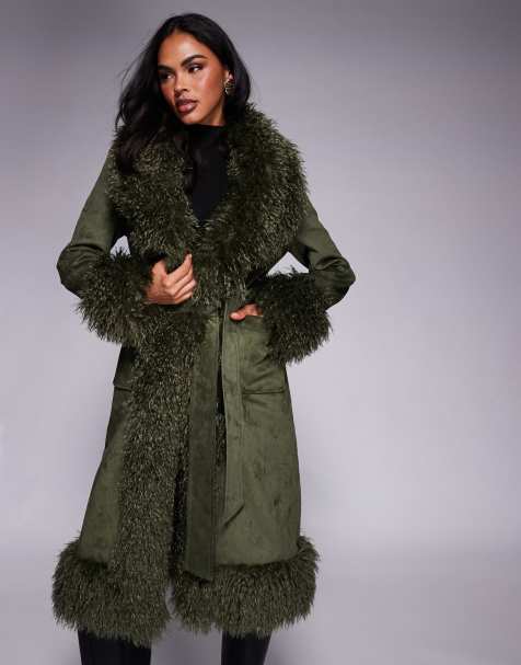 Azalea Wang Gilda płaszcz z imitacji zamszu z wykończeniem z faux-fur w kolorze oliwkowym - view 1