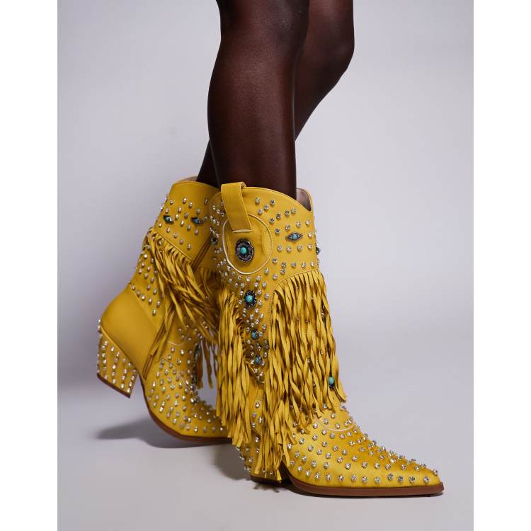 Azalea Wang Greyson embellished tassel western boots in yellow | ASOS