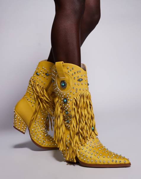 Azalea Wang – Greyson – Verzierte Westernstiefel in Gelb mit Fransen - view 1