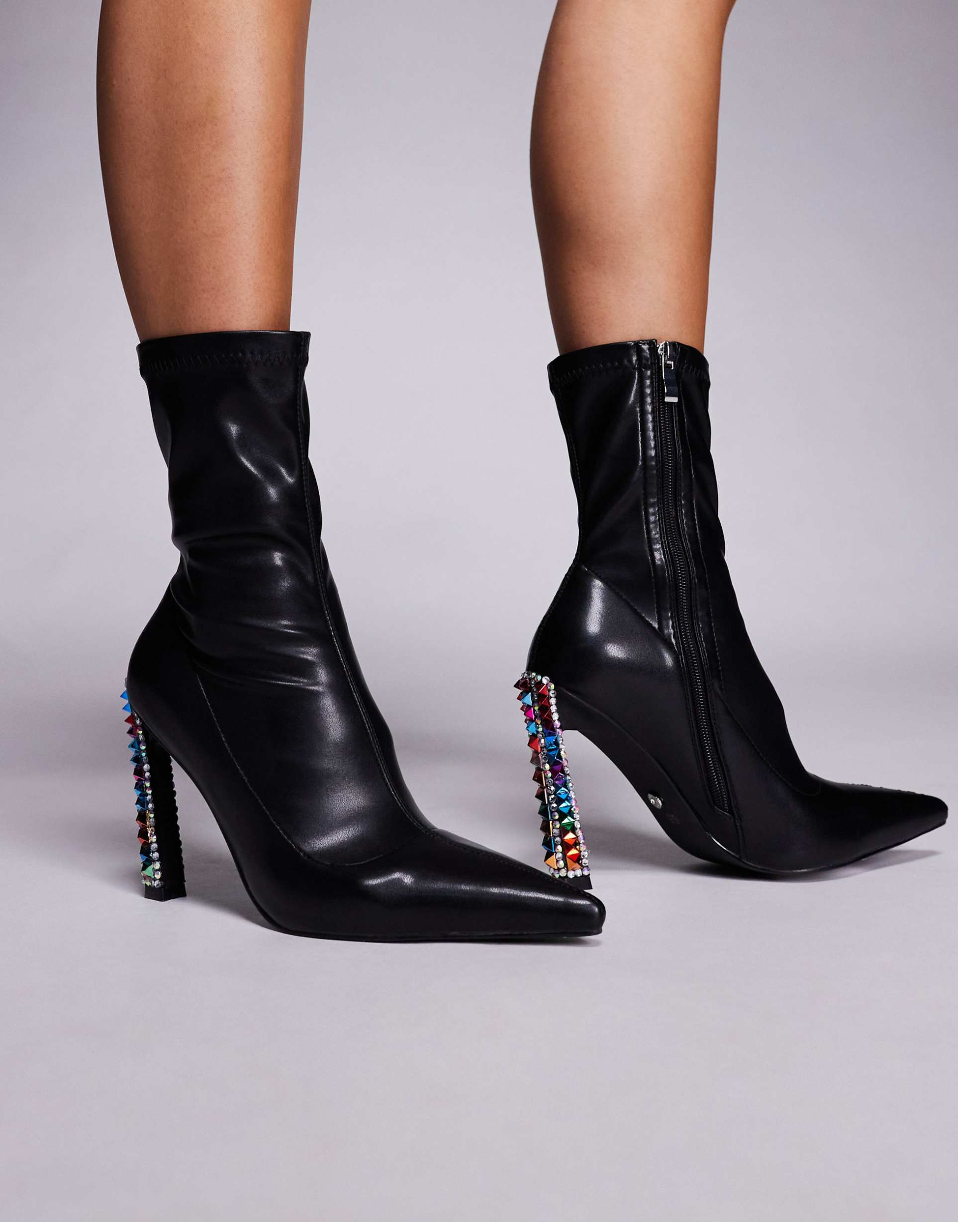 azalea wang gryffon embellished heel high ankle boots in black