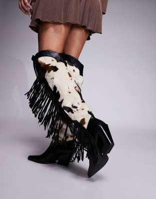 Azalea Wang Gwayne Faux Fur Tassel Western Boots In Black