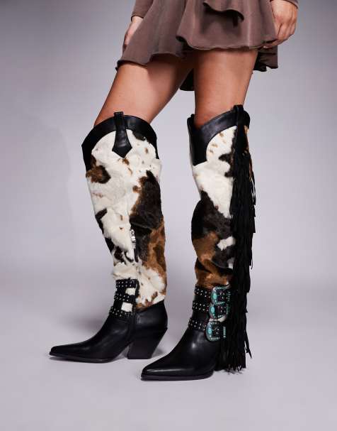 Azalea Wang - Gwayne - Stivali stile western neri con frange e pelliccia sintetica - view 1
