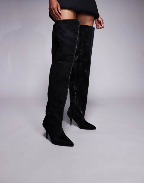 Azalea Wang – Halina – Czarne marszczone kozaki za kolano w wężowy wzór - view 1