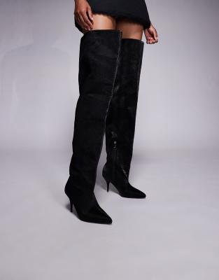 Azalea Wang - Halina - Schwarze Overknee-Stiefel mit gerafftem Design und Schlangenmuster