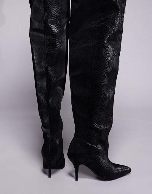 Azalea Wang – Halina – Schwarze Overknee-Stiefel mit gerafftem Design und Schlangenmuster, 2 von 4