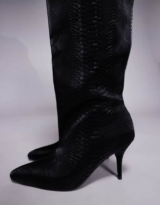Azalea Wang – Halina – Schwarze Overknee-Stiefel mit gerafftem Design und Schlangenmuster, 3 von 4
