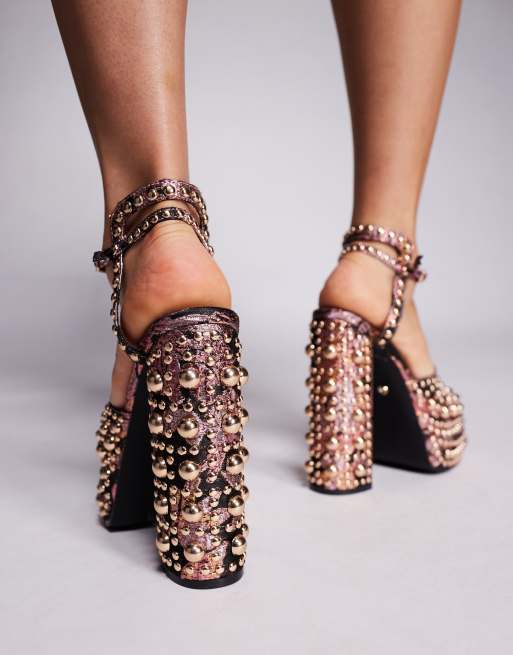 Azalea Wang - Hananiah - Scarpe nere a fiori con borchie e plateau spesso, 4 di 4