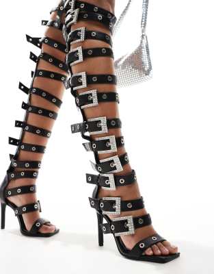 Azalea Wang Harlowe over the knee buckle heeled sandals in black