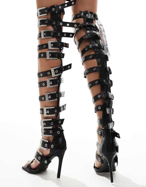 Azalea Wang - Harlowe - Sandales style cuissardes à talons et boucles - Noir, 3 de 4