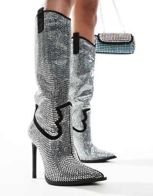 Azalea Wang Heidemarie western embellished knee boots in black and silver