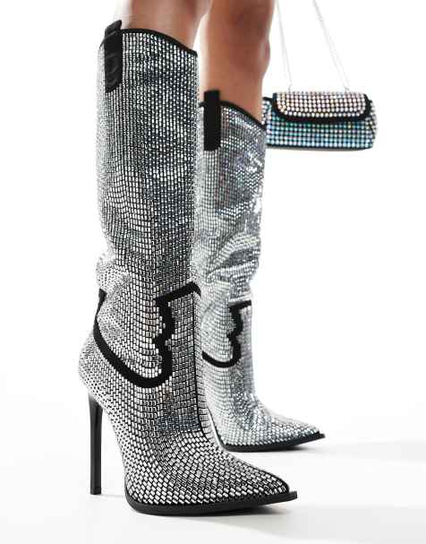 Azalea Wang Heidemarie western embellished knee boots in black and silver - view 1