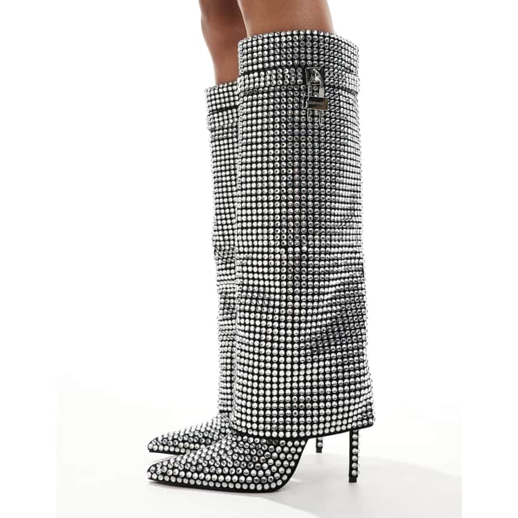 Azalea Wang Hemlock foldover embellished knee boots in silver | ASOS