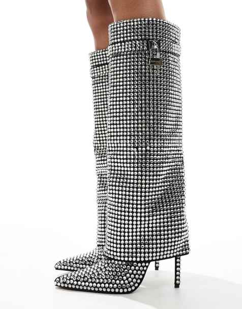 Azalea Wang – Hemlock – Verzierte, kniehohe Stiefel in Silber mit umgeschlagenem Schaft - view 1