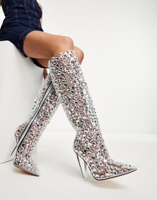 Azalea Wang Honey embellished knee boots in silver - ASOS Price Checker